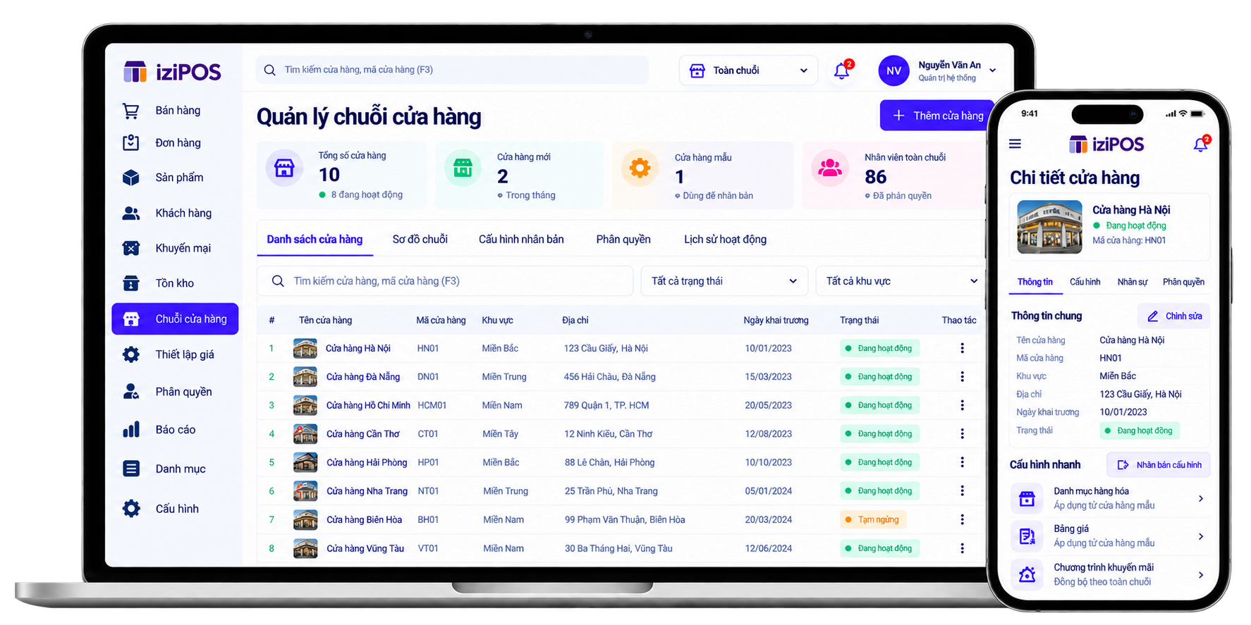 Màn hình quản lý chuỗi cửa hàng và các điểm bán trong iziPOS