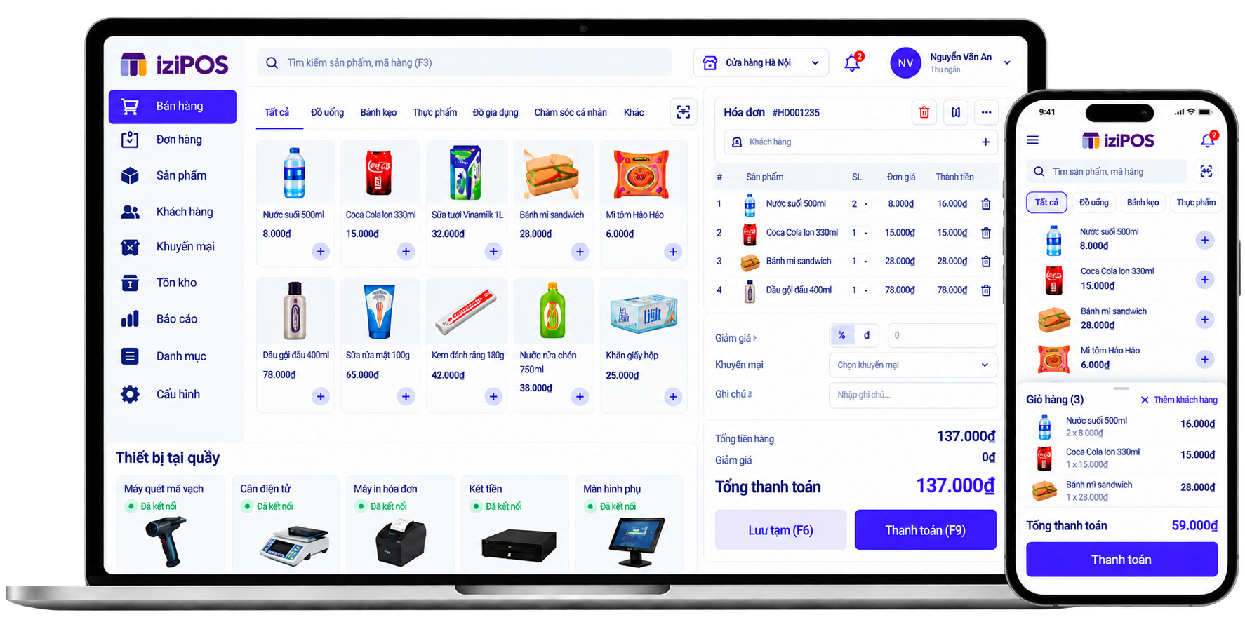 Ảnh minh hoạ thiết bị quầy thu ngân và kết nối hệ thống của iziPOS
