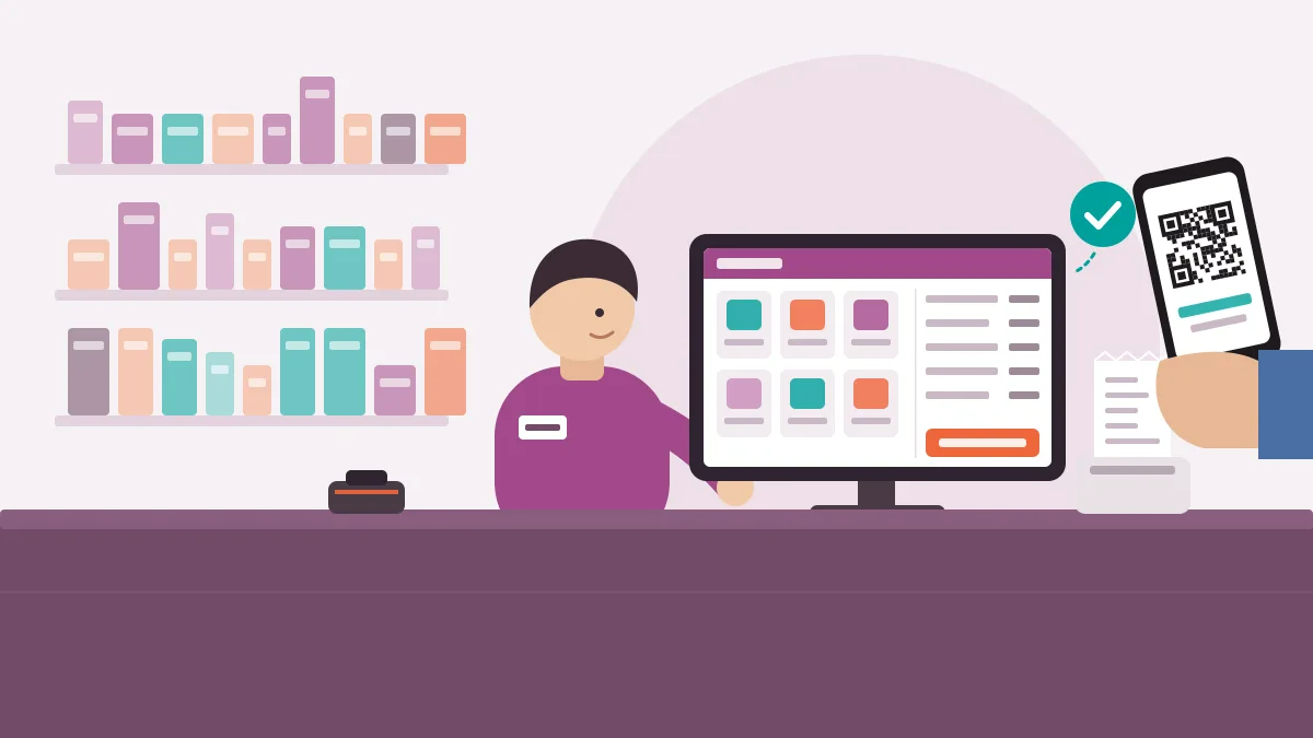 Nhân viên thu ngân sử dụng phần mềm POS để tính tiền và thanh toán QR tại quầy